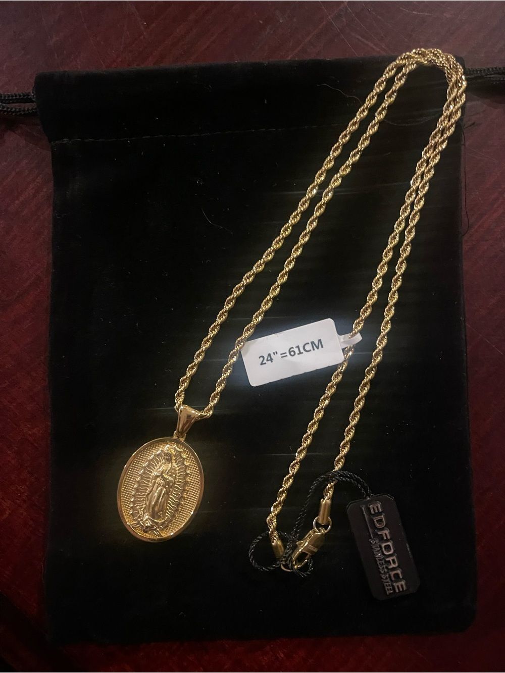 Gold Virgin Mary Pendant Rope Chaim Stainless Steel Necklace
